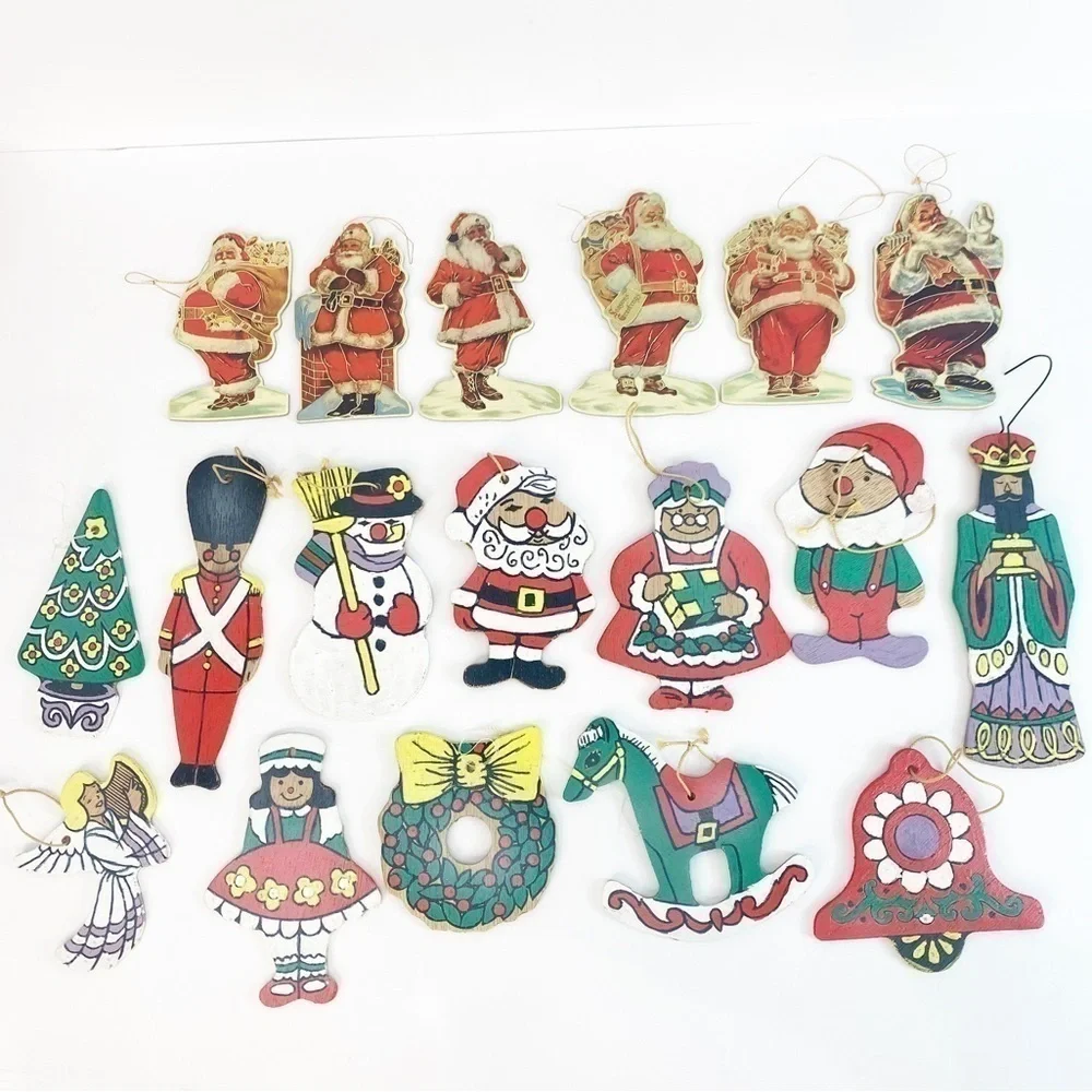 18 Total Vintage Ornaments 6 Merrimack 1987 Die Cut Santa & 12 Wood Dbl Sided